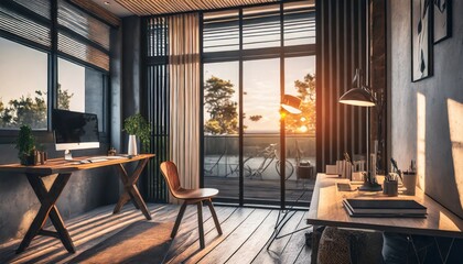 home interior design concept home studio working study room contemporary design scheme in evening time sunset dramatic light ai generate - obrazy, fototapety, plakaty