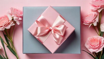 top view on pink gift box on pastel pink background generative ai