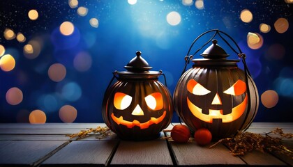 two halloween lanterns with evil eyes and face on a wood table with a spooky dark blue background at night with light bokeh