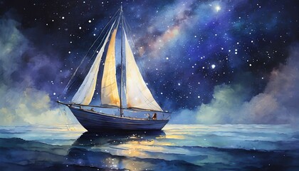 art illustration sailing boat under galaxy night sky dreamy scenery generative ai - obrazy, fototapety, plakaty