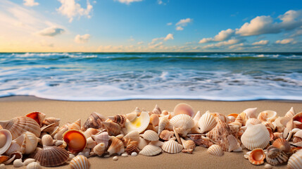 Fototapeta na wymiar Seashells Scattered Along the Shoreline Background