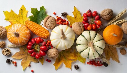 thanksgiving day concept top view vertical photo of maple leaves raw vegetables pumpkins zucchini maize walnuts wheat rowan and physalis on white background with empty space