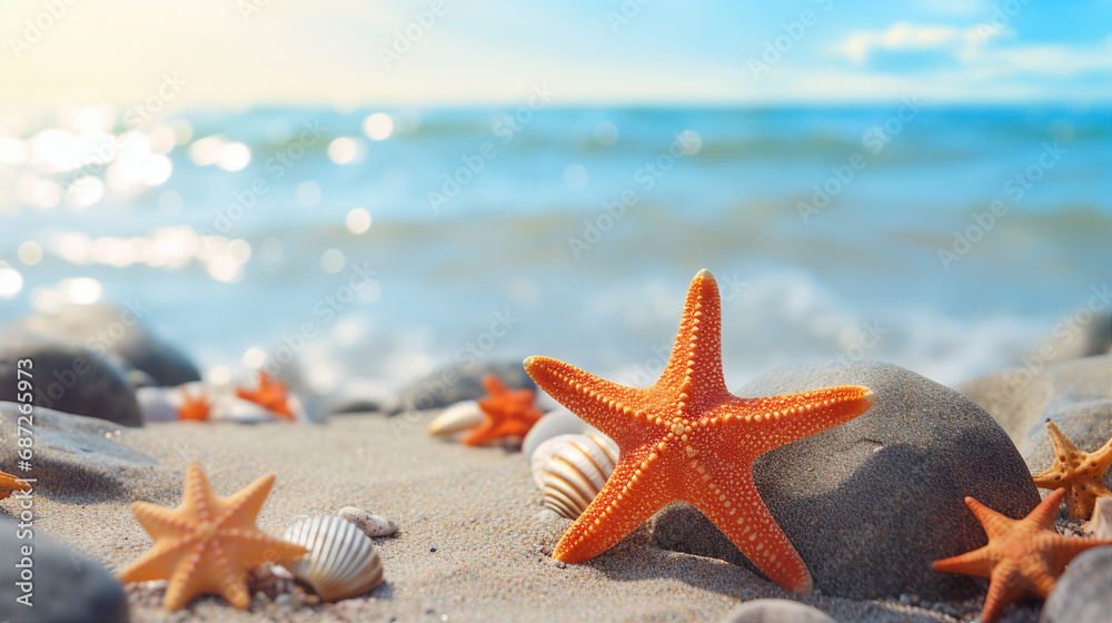 Poster starfish resting on smooth pebbles at the beach background