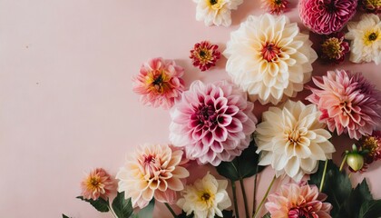 beautiful dahlia flowers on side of pastel pink background