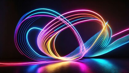 3d render abstract panoramic background of twisted dynamic neon lines glowing in the dark room with floor reflection virtual fluorescent ribbon loop fantastic minimalist wallpaper