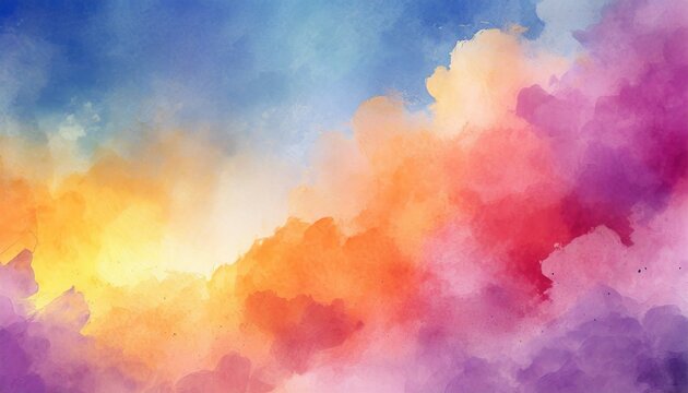 colorful watercolor background of abstract sunset sky with puffy clouds in bright rainbow colors of orange pink yellow and purple