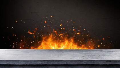 side view of empty concrete table top with orange fire or flame and sparkles in dark room
