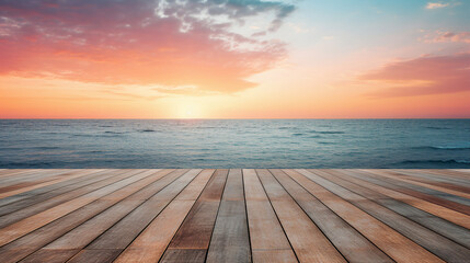 Fototapeta na wymiar Wooden Pier Extending Into the Ocean at Sunrise Background