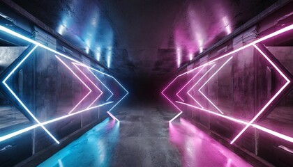 sci fi arrows shaped neon cyber futuristic modern retro alien dance club glowing purple pink blue...