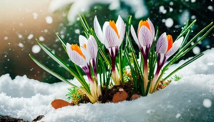 beautiful spring flowers emerge from under the snow a symbol of new beginnings and rebirth crocus flowers bring color and life to a winter landscape