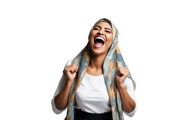 a high quality stock photograph of a happy young islam woman laughs and screams with joy isolated on white background