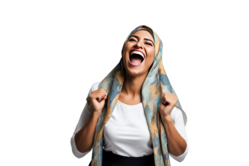 a high quality stock photograph of a happy young islam woman laughs and screams with joy isolated on white background