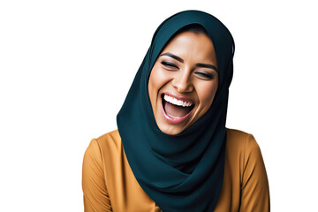 a high quality stock photograph of a happy young islam woman laughs and screams with joy isolated on white background - obrazy, fototapety, plakaty