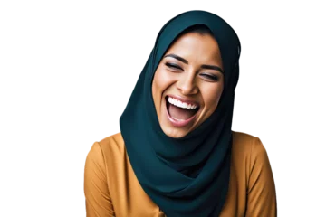 Foto op Plexiglas a high quality stock photograph of a happy young islam woman laughs and screams with joy isolated on white background © ramses