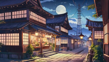 a beautiful japanese village city town in the night evening railway station with shop anime comics...