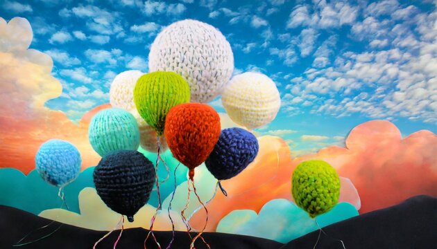 feutrage abstrait broderie pour enfants imprime ballons colores aeronautes dans un paysage de couleurs vives ciel bleu sur fond de nuages mignons degrades ia generative ia