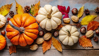 autumn thanksgiving background pumpkins acorns and leaves on rustic table top view