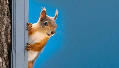 surprised squirrel sciurus cautiously peeks around a corner against a blue background created with generative ai technology copy space - obrazy, fototapety, plakaty