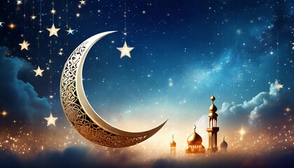 islamic greeting eid mubarak cards for muslim holidays eid ul adha festival celebration arabic ramadan background with crescent moon and the stars on night sky - obrazy, fototapety, plakaty