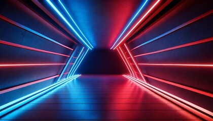 3d render red blue neon light illuminated corridor tunnel empty space ultraviolet light 80 s retro style fashion show stage abstract background