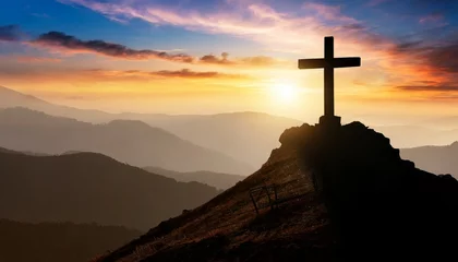 Foto op Canvas silhouette cross on calvary mountain sunset background easter christmas concept © Alicia