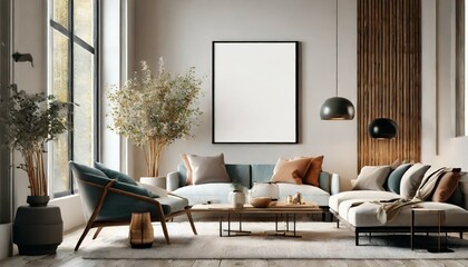 vertical poster frame mock up in scandinavian style living room interior modern living room interior background 3d rendering