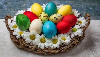 Obraz na płótnie Canvas set eggs of different colors placed on a background one flower shaped egg made of two red yellow green and blue eggs quail eggs in a basket