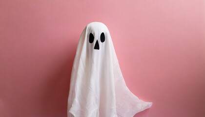 white ghost sheet costume against pastel pink background minimal halloween scary concept