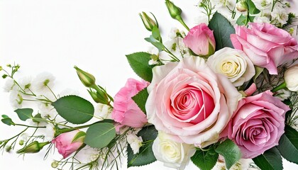 pink rose and eustoma flowers in a corner floral arrangement on white or background