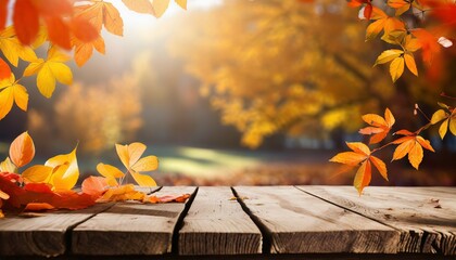 wooden table with orange leaves and blurred autumn background