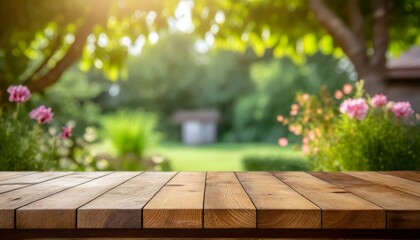 empty sturdy wooden table summer time blurred backyard garden background - obrazy, fototapety, plakaty