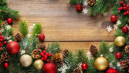 Fototapeta na wymiar christmas background with decorated fir tree branch border on wood