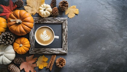 a cozy flat lay image of an autumn themed frame filled with natural pine cones pumpkins dried leaves and a pumpkin latte on a dark grey stone surface this fall and thanksgiving background offers - Powered by Adobe