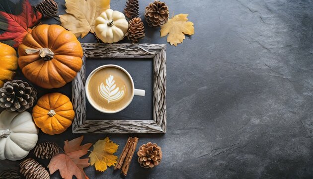 a cozy flat lay image of an autumn themed frame filled with natural pine cones pumpkins dried leaves and a pumpkin latte on a dark grey stone surface this fall and thanksgiving background offers