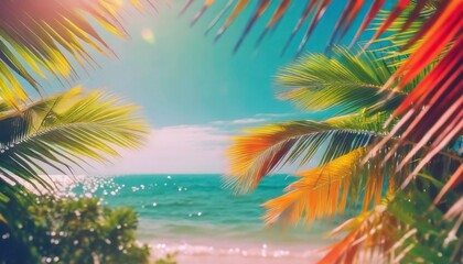 Fototapeta na wymiar summer colorful theme with palm trees background as texture frame image background