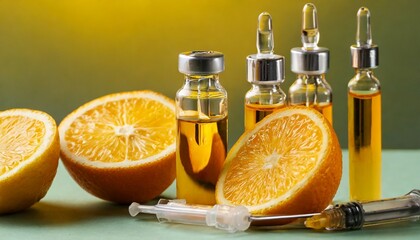 ampoules with vitamin c syringe bottle of essential oil and orange slices on yellow background closeup
