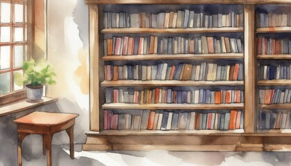 classic bookshelf anime style watercolor background
