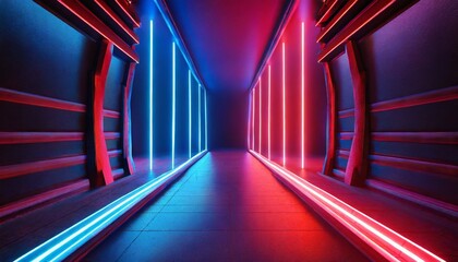 3d render red blue neon light illuminated corridor tunnel empty space ultraviolet light 80 s retro...
