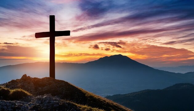 silhouette cross on calvary mountain sunset background easter christmas concept