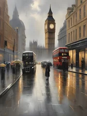 Foto op Canvas Oil painting of the streets of London in the rain with Big Ben in the background. Generative AI © Carlos