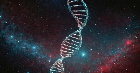 DNA double helix superimposed on a backdrop of deep space. Emblematic of the interconnection between the microscopic and the cosmic worlds. Relationship between the origins of life and cosmos - obrazy, fototapety, plakaty
