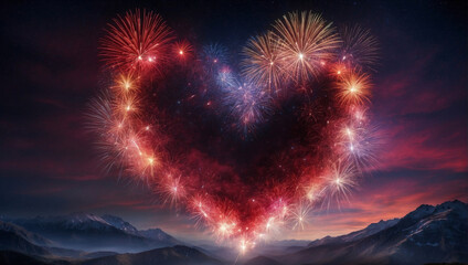 A big heart made of fireworks in the night sky. Heart-shaped St. Valentine's day background series. Wedding, cards, love, wallpapers. - obrazy, fototapety, plakaty