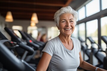 Fototapeta premium Portrait of smiling senior woman on exercise bike in fitness center with people on background