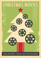Cristmas movies retro poster design for holiday cinema event. Christmas movie show vintage advertisement concept. Vector banner illustration, winter holiday entertainement theme.