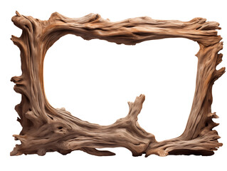 Wooden frame in the form of a twisted tree. Roots in the form of a frame. Unsealed wood frame isolated on transparent background.