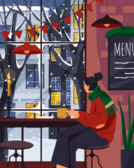 Winter cafe or restaurant indoor vector image. Coffeehouse window landscape on street with snowfall. Wintertime mood or vibe at december cafeteria. Urban cold cityscape view during drinking coffee