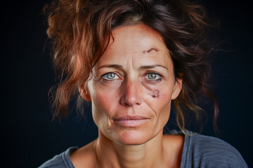 Mujer de edad mediana con expresión triste y angustiada, víctima del maltrato machista, con heridas en la cara - obrazy, fototapety, plakaty
