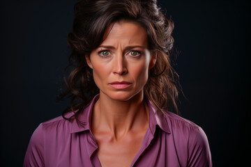 Mujer de edad mediana con expresión triste y angustiada, víctima del maltrato machista, con una blusa  de color morado - obrazy, fototapety, plakaty