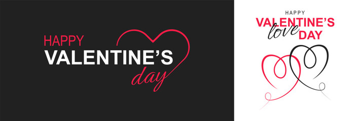 Valentine's day poster or banner on black and white background. Happy Valentine's Day header or voucher template. Vector. - obrazy, fototapety, plakaty