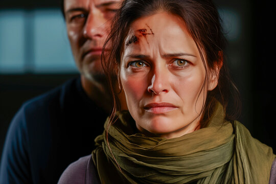 Mujer de edad mediana con expresi&oacute;n triste y angustiada, v&iacute;ctima del maltrato machista, con heridas en la cara